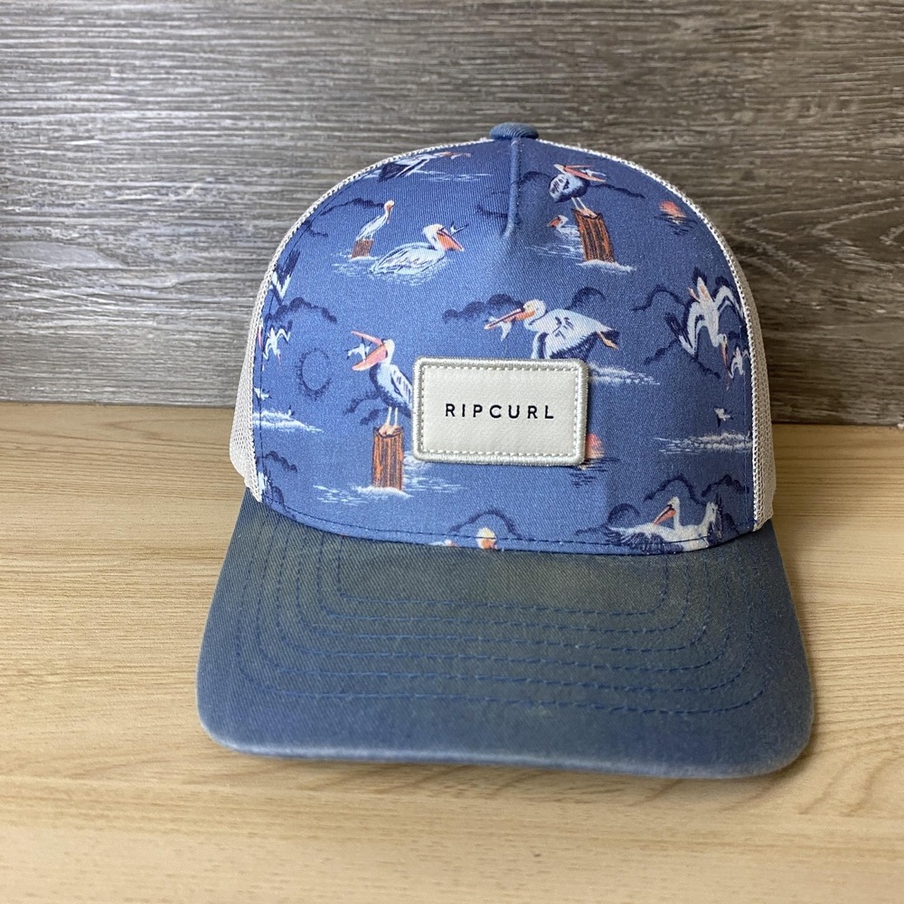 Rip Curl Hat Cap Snap Back Blue Mesh Trucker Pelican Print Patch Mens Faded